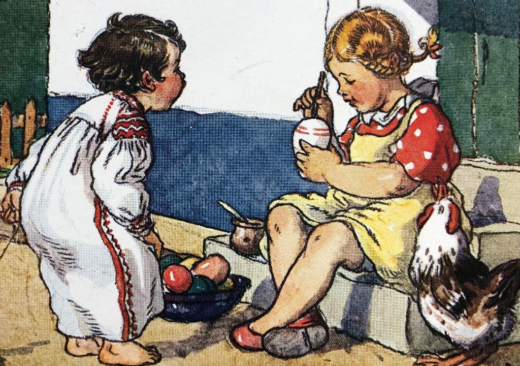 (12) - PAASKAART - eieren verven - gesigneerd, Verzenden, 1920 tot 1940, Gelopen, Kinderen