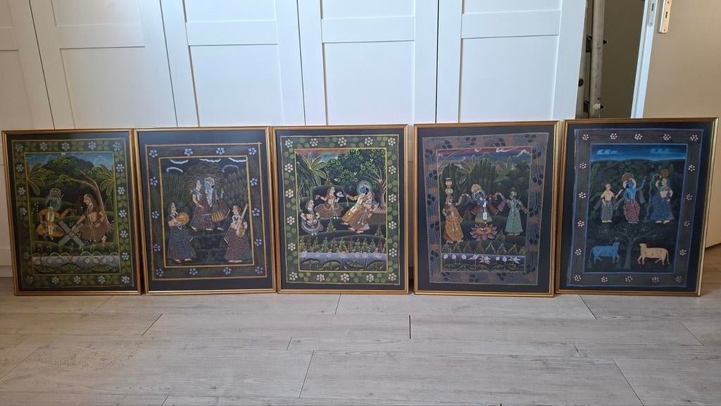 Set van 5 Indiase Radha & Krishna Schilderijen met Lijst, Ophalen