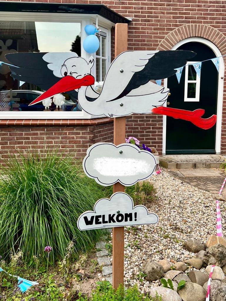 Geboortebord ooievaar, Ophalen, Gebruikt, Geboortebord