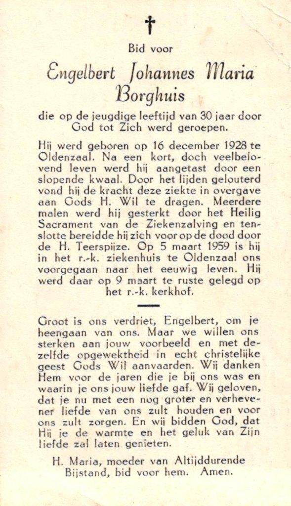 Borghuis Engelbert Johannes Maria 1928 Oldenzaal 1959, Verzamelen, Bidprentjes en Rouwkaarten, Ophalen of Verzenden