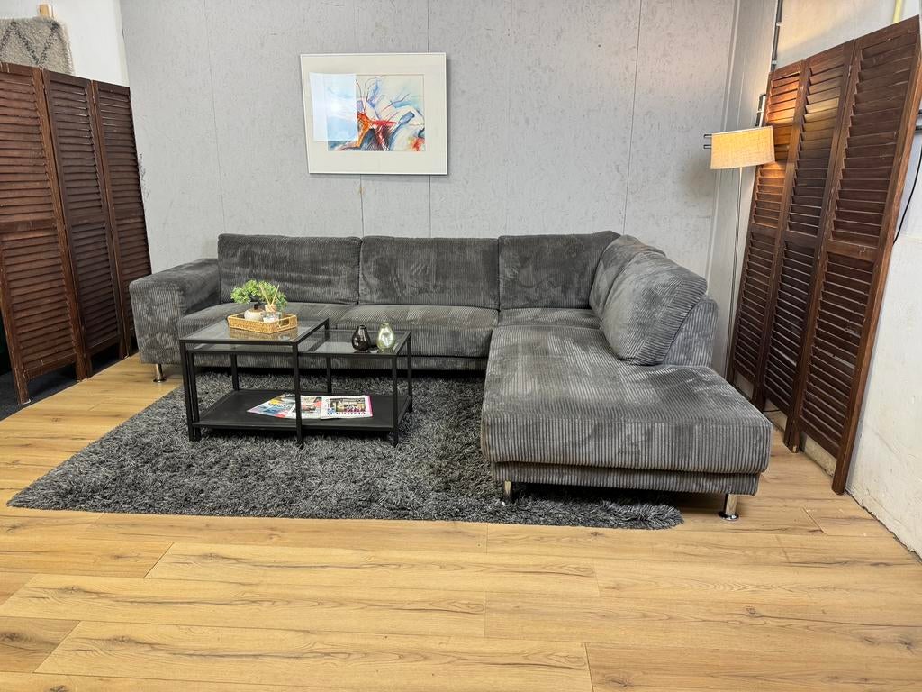 Ruime Grijze Ribstof Hoekbank- Gratis Bezorgd, Ophalen of Verzenden, Sofa Point, Sofapointnl@gmail.com, Noordkade 68A