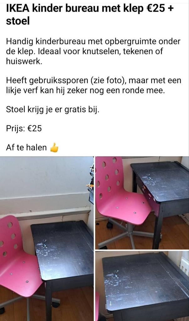 IKEA kinder bureau met klep + stoel, Ophalen of Verzenden, Gebruikt, Tafel(s) en Stoel(en)