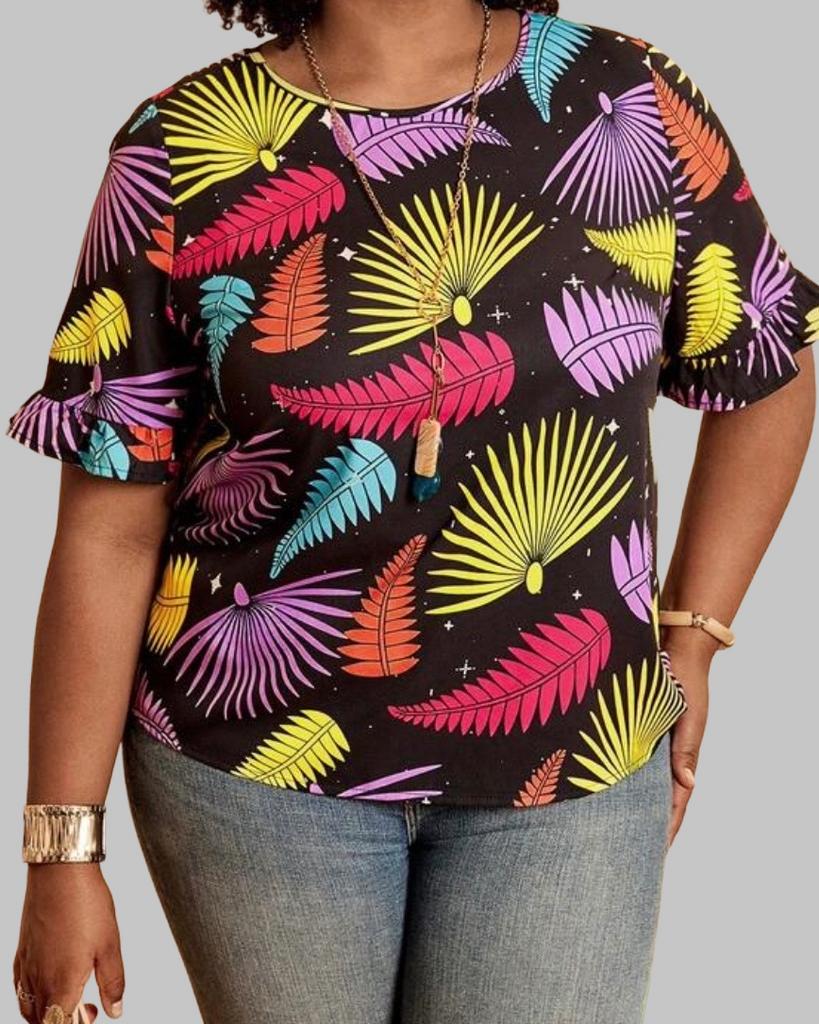 Zwarte top met kleurrijke bladprint en ruches (46-54), Verzenden, Nieuw, Zwart, Shirt of Top