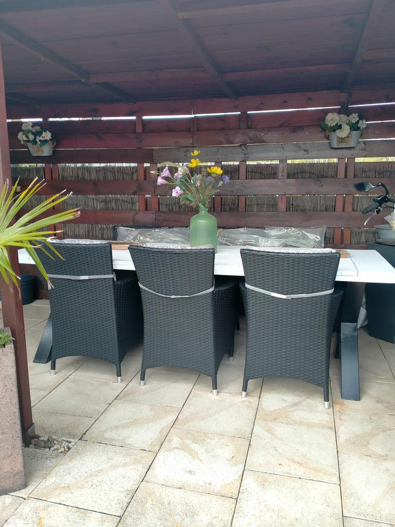 Steigerhouten tafel 300 cm met 4 stoelen, Ophalen, Gebruikt, Rechthoekig, Hout