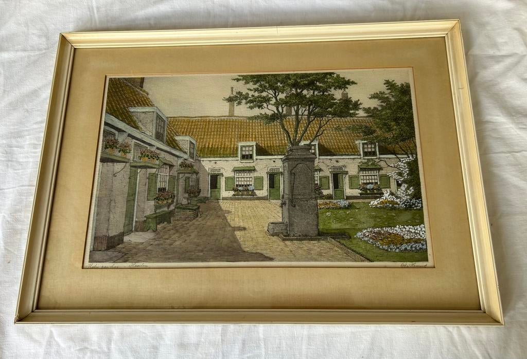 A. Hemert, gesigneerde kleurenets Hofje van Haarlem, Ophalen of Verzenden