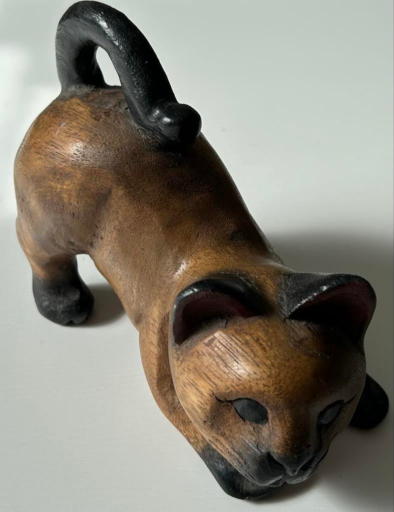 Houten Siamese Kat Beeldje - Handgemaakt Decoratie, Antiek en Kunst, Minder dan 20 cm, Ophalen of Verzenden, Beeld, Hout