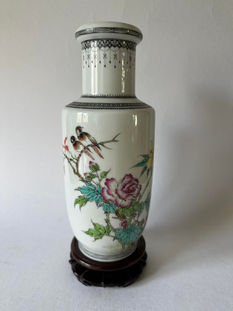 Chinese fam rose Rouleauvaas met vogel&bloem decor, Ophalen of Verzenden