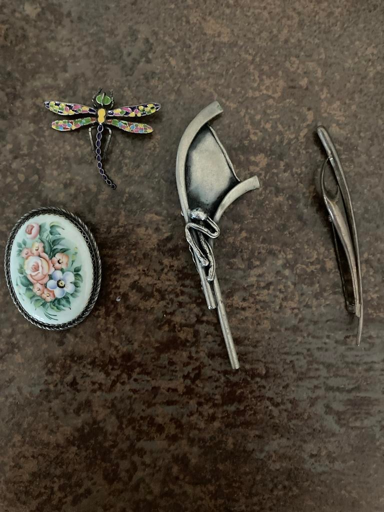 Diverse Broches: Libelle, Ovaal Bloem, Abstract Zilver, Ophalen, Gebruikt, 4 tot 7 cm, Zilver