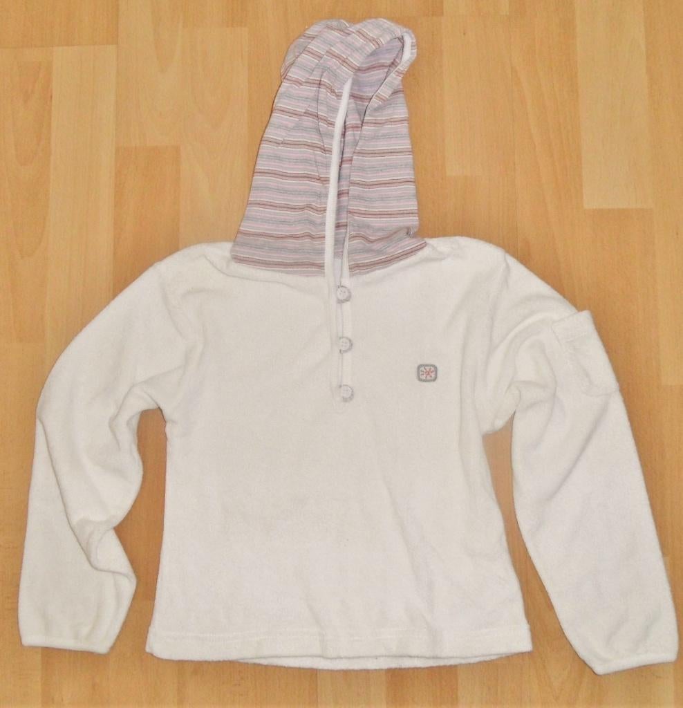 Leuke witte badstoffen sweater met gestreepte capuchon 104, Ophalen of Verzenden, Zo goed als nieuw, Meisje, Trui of Vest