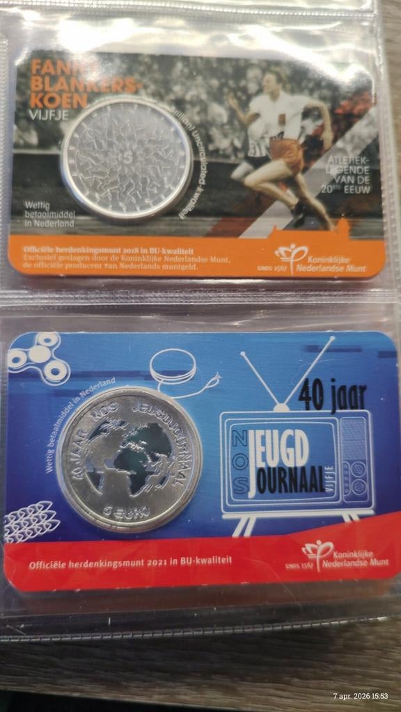 2 Herdenkingsmunten 5 euro bu F.Blankers-Koen,Jeugdjournaal, Ophalen of Verzenden
