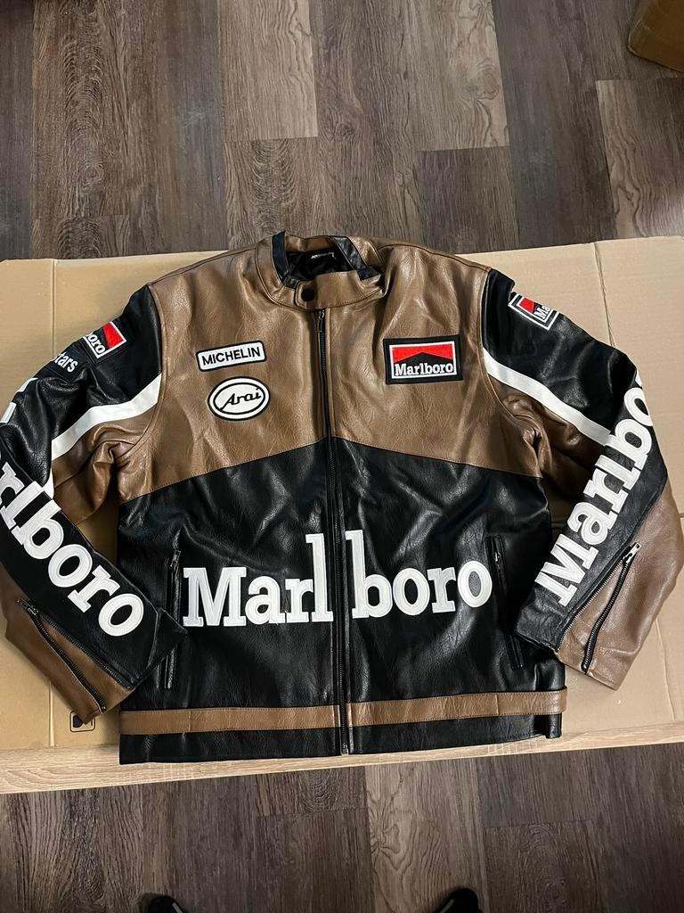 Marlboro Racing jas (maat M) – brown leder look vintage, Ophalen of Verzenden, Zo goed als nieuw, Maat 48/50 (M), Bruin