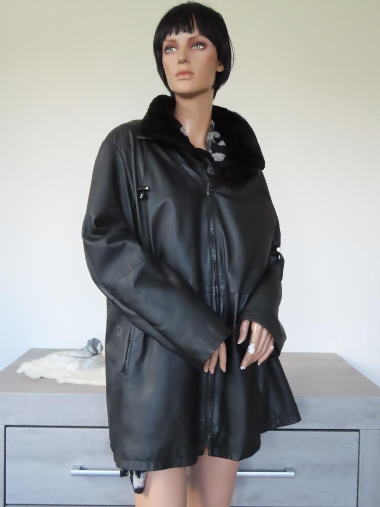 Zwart Echt Lederen Jas met bontkraagje L-XL 42, Real Leather, Zwart, Maat 42/44 (L), Ophalen of Verzenden