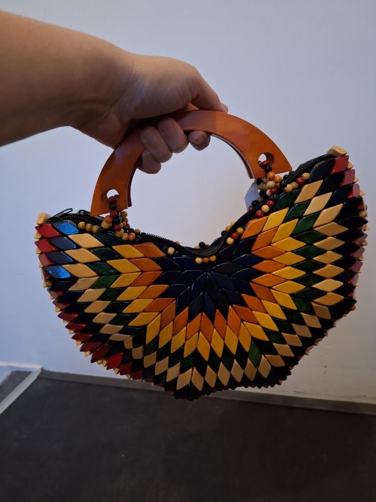 Mooie handgemaakte zomerse tas met houten handvat, Ophalen of Verzenden, Nieuw, Overige kleuren, Handtas