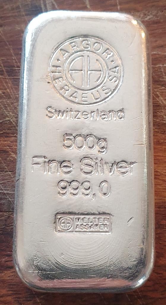 500gram gegoten zilver baar Argor Heraeus, Postzegels en Munten, Edelmetalen en Baren, Ophalen, Zilver
