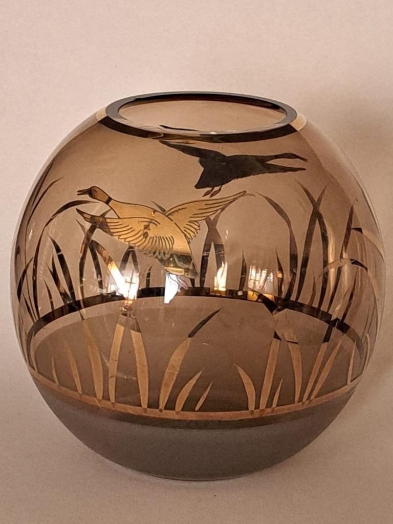 Midcentury glazen vaas met riet en vliegende eenden, Ophalen of Verzenden