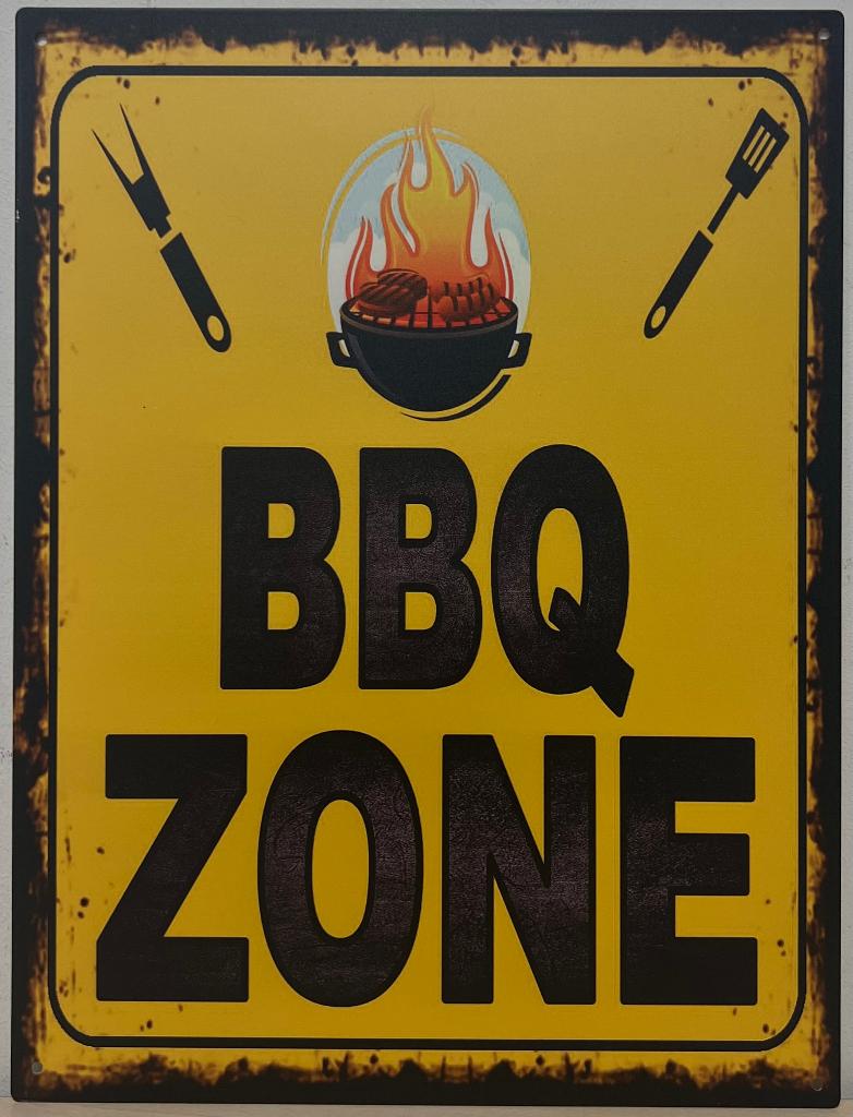 BBQ Zone barbecue geel reclamebord van metaal wandbord deco, Info@deconoord.nl, Deco Noord, Nieuw, Ophalen of Verzenden
