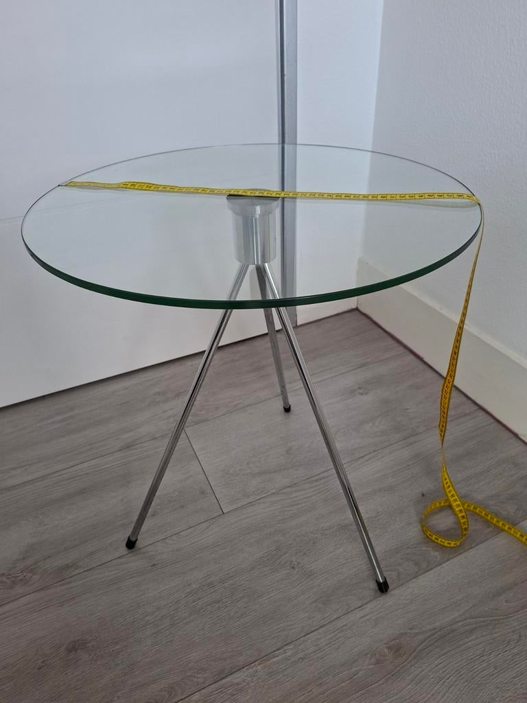 Glazen bijzettafel met RVS pootjes - Modern design, Minder dan 55 cm, Rond, Modern, Ophalen