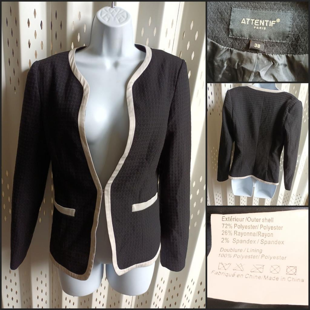 Attentif Paris zwarte blazer beige randen zakjes stretch 38, Kleding | Dames, Maat 38/40 (M), Zwart, Zo goed als nieuw, Attentif Paris