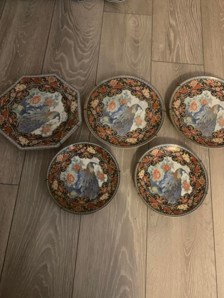 5 antieke satsuma ROYAL PEACOCK wandborden, Antiek en Kunst, Ophalen of Verzenden