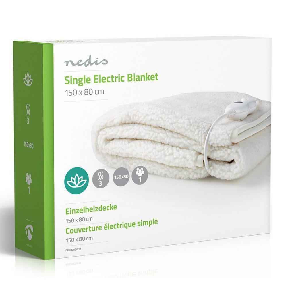 Nedis Elektrische Warmtedeken 1-persoons - 150x80 cm, Eenpersoons, Nedis, Wit, Nieuw