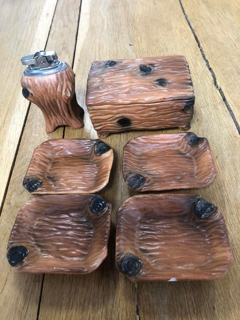 Vintage keramische rookset uit de jaren 70 met houteffect, Ophalen of Verzenden