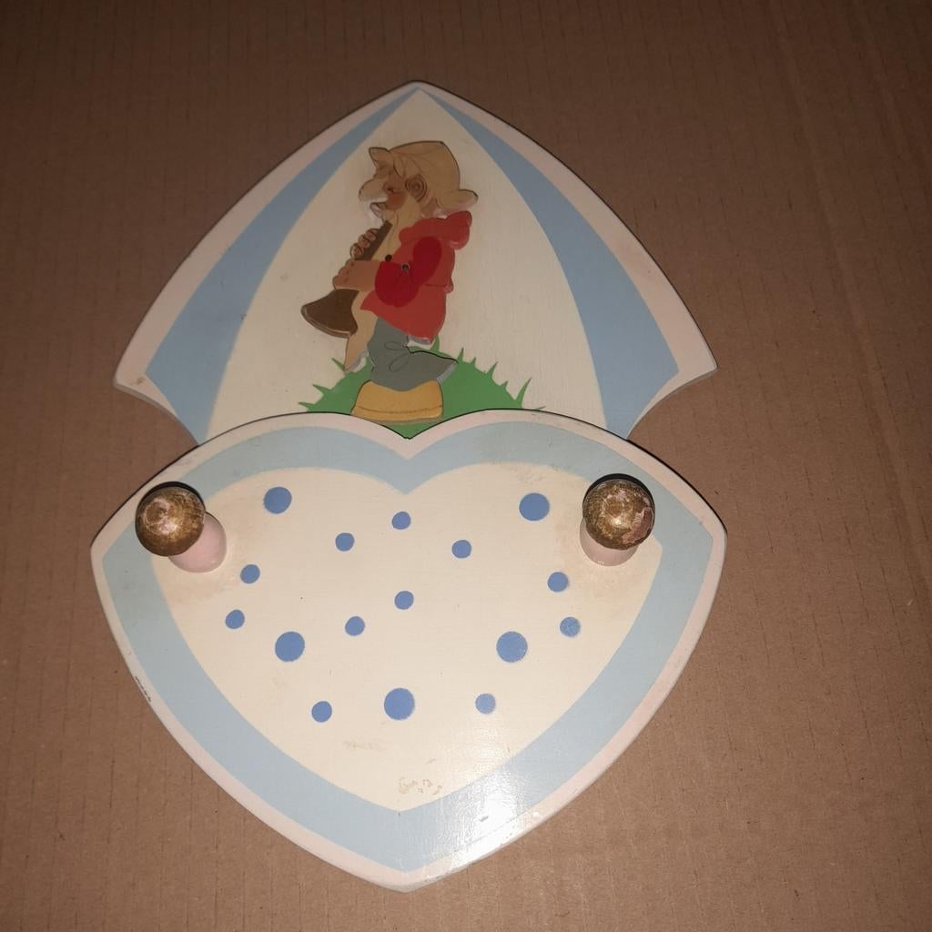 Houten vintage kapstokje met muzikale kabouter, Ophalen of Verzenden