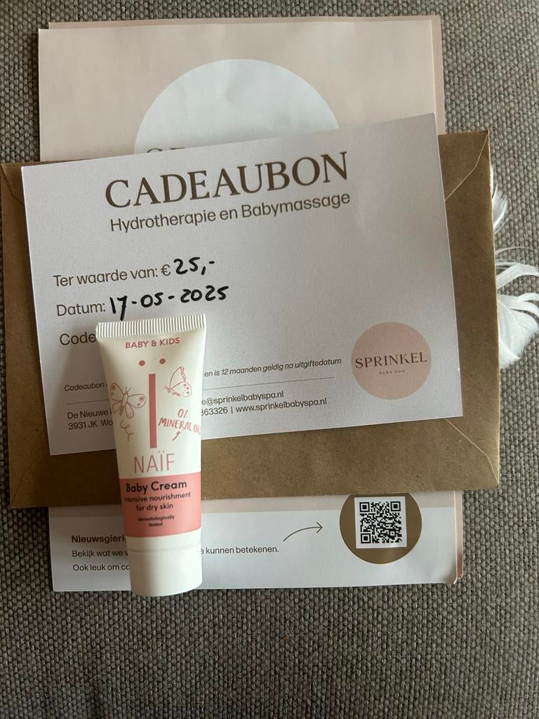 Sprinkel Babyspa Cadeaubon + Naïf Baby Cream, Kinderen en Baby's, Ophalen of Verzenden, Nieuw, Kraamcadeau