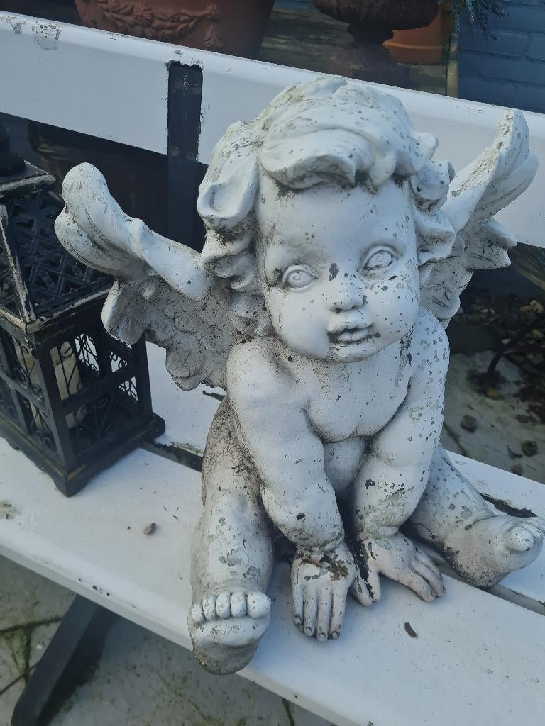Oudere polystone engel groot model winterhard, Gebruikt, Engelenbeeld, Belle Vieille Brocante, Ophalen of Verzenden
