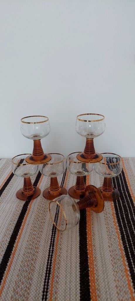 7 vintage amber kleurig Duits Roemer wijn glazen kristal, Eu, Eu, Overige typen, Ophalen of Verzenden