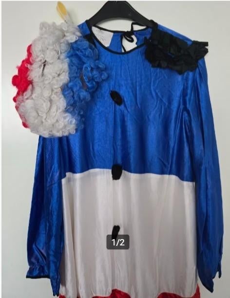Clown outfit met pruik mt S t/m XL., Carnaval, Maat 46/48 (XL) of groter, Nieuw, Ophalen of Verzenden