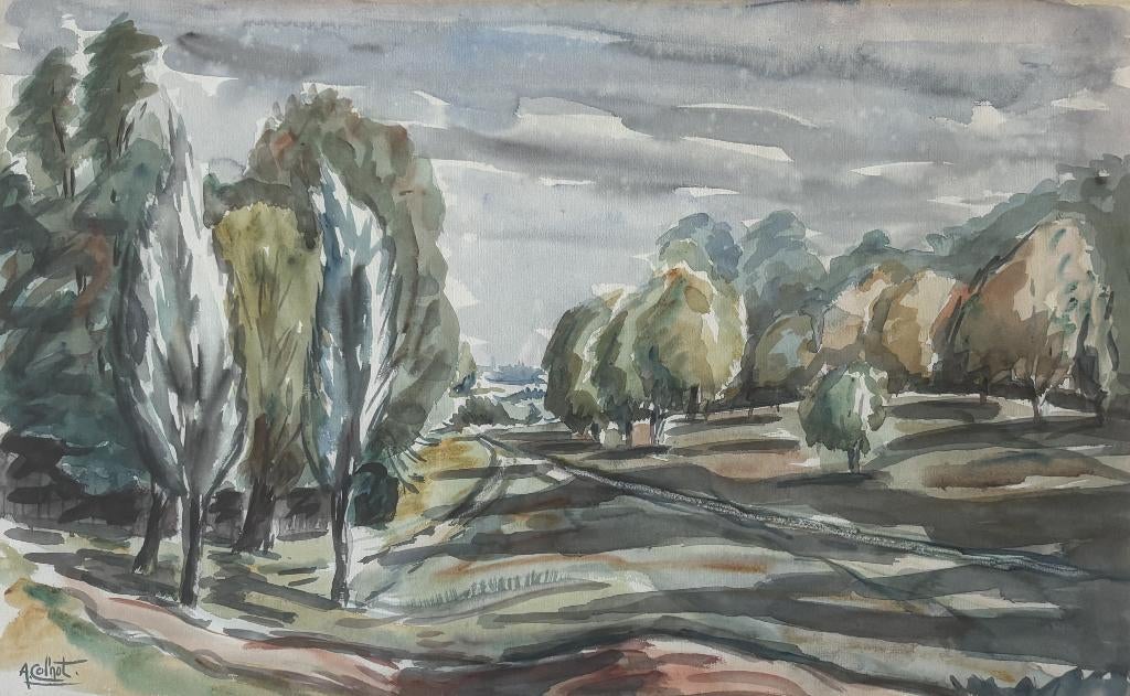 Arnout Colnot (1887-1983) - Glooiend landschap (aquarel), Ophalen of Verzenden