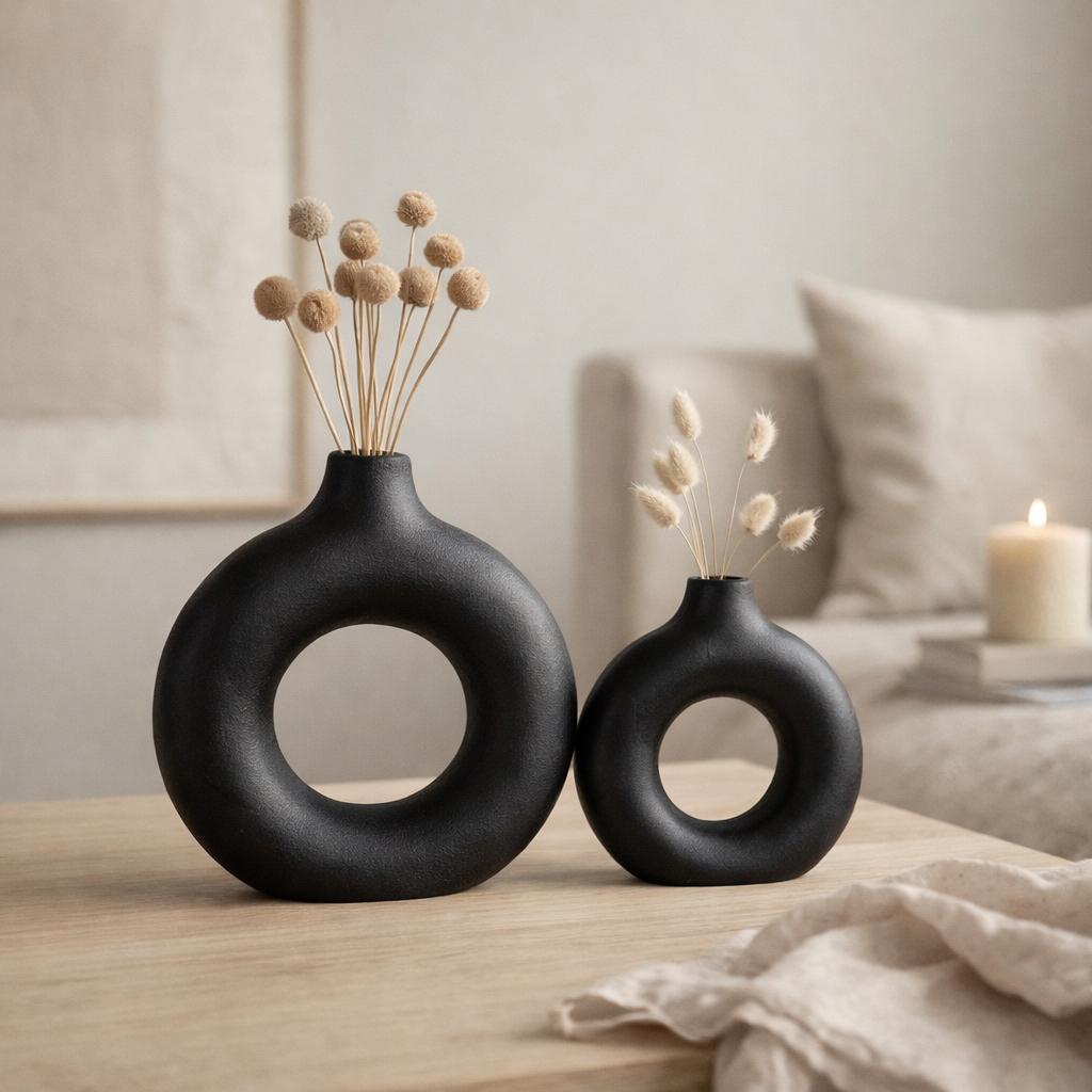Set van 2 Zwarte Donut Vaasjes, Huis en Inrichting, Overige materialen, Zwart, Nieuw, Ophalen of Verzenden