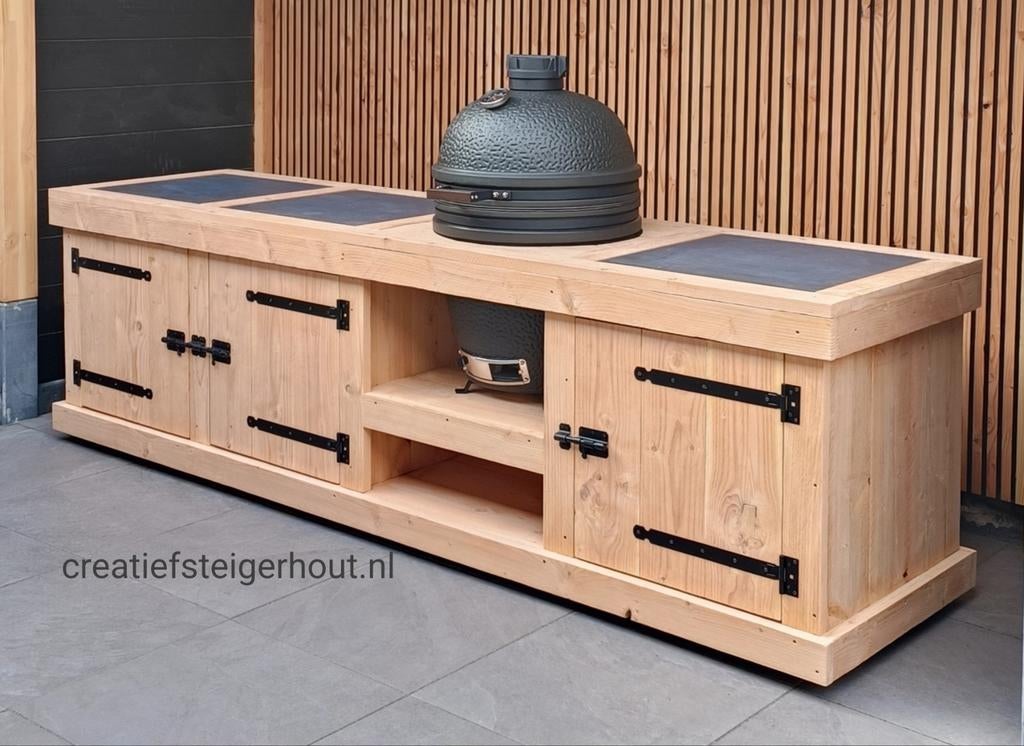 Verrijdbare douglashouten buitenkeuken kamado BGE bastard ei, Tuin en Terras, Buitenkeukens, Ophalen of Verzenden, Nieuw, Houtskool