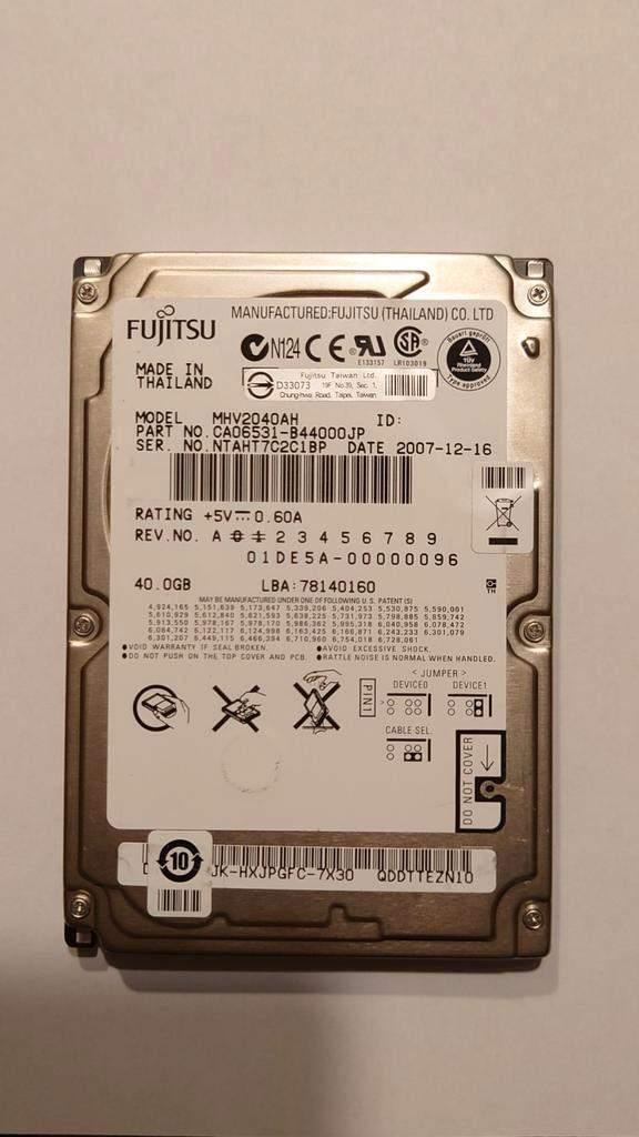 Fujitsu 40GB 5400rpm 2,5" IDE laptop harddisk, Computers en Software, Harde schijven, Intern, Gebruikt, HDD, Ophalen of Verzenden