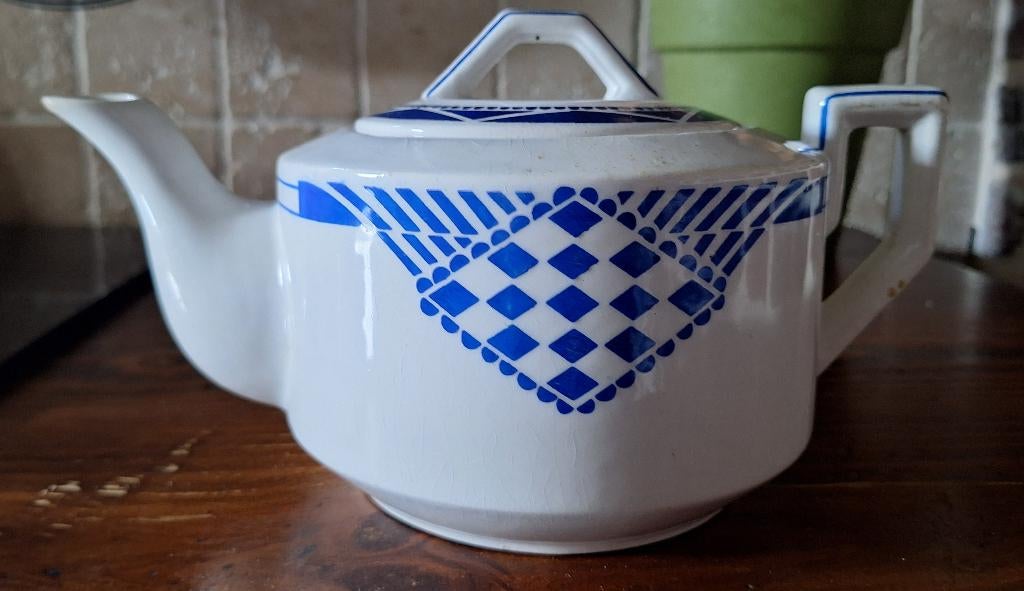 Brocante Moulin des Loups Theepot, blauw wit, Antiek en Kunst, Antiek | Servies los, Ophalen of Verzenden