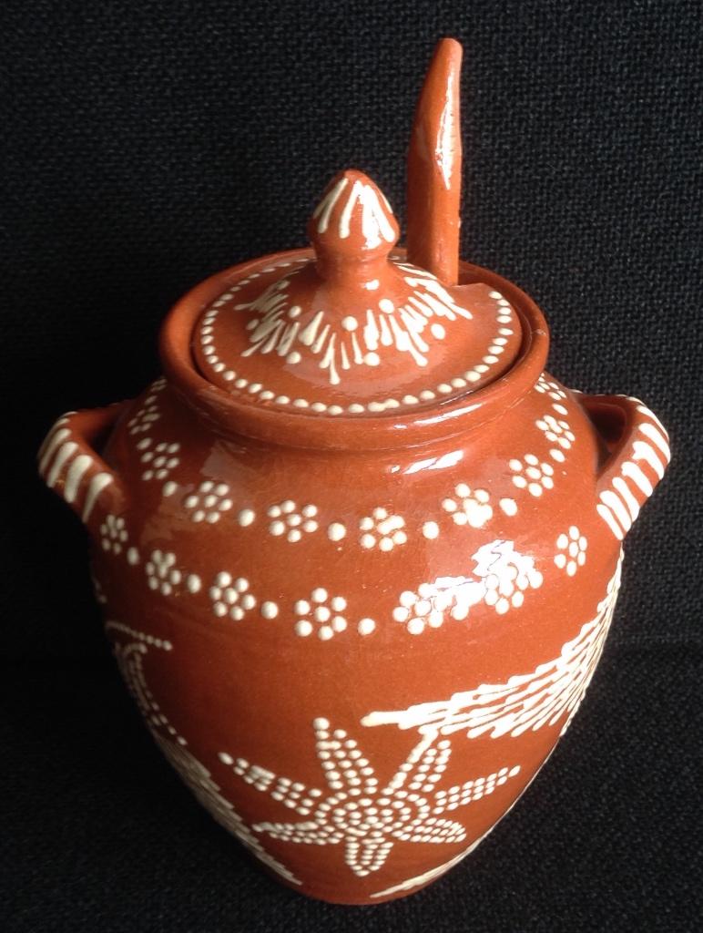 Olijvenpot met lepel keramiek, Huis en Inrichting, Overige typen, Ophalen of Verzenden, Zo goed als nieuw, Overige stijlen