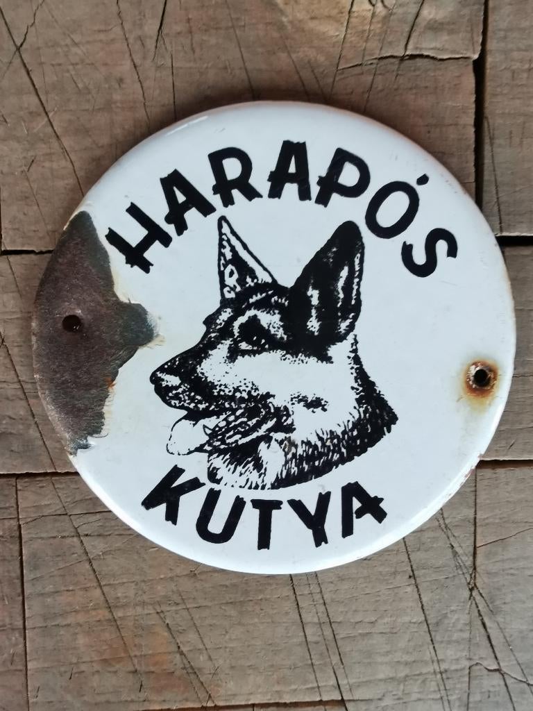 Oud emaille bordje gevaarlijke hond (harapos kutya), Ophalen of Verzenden