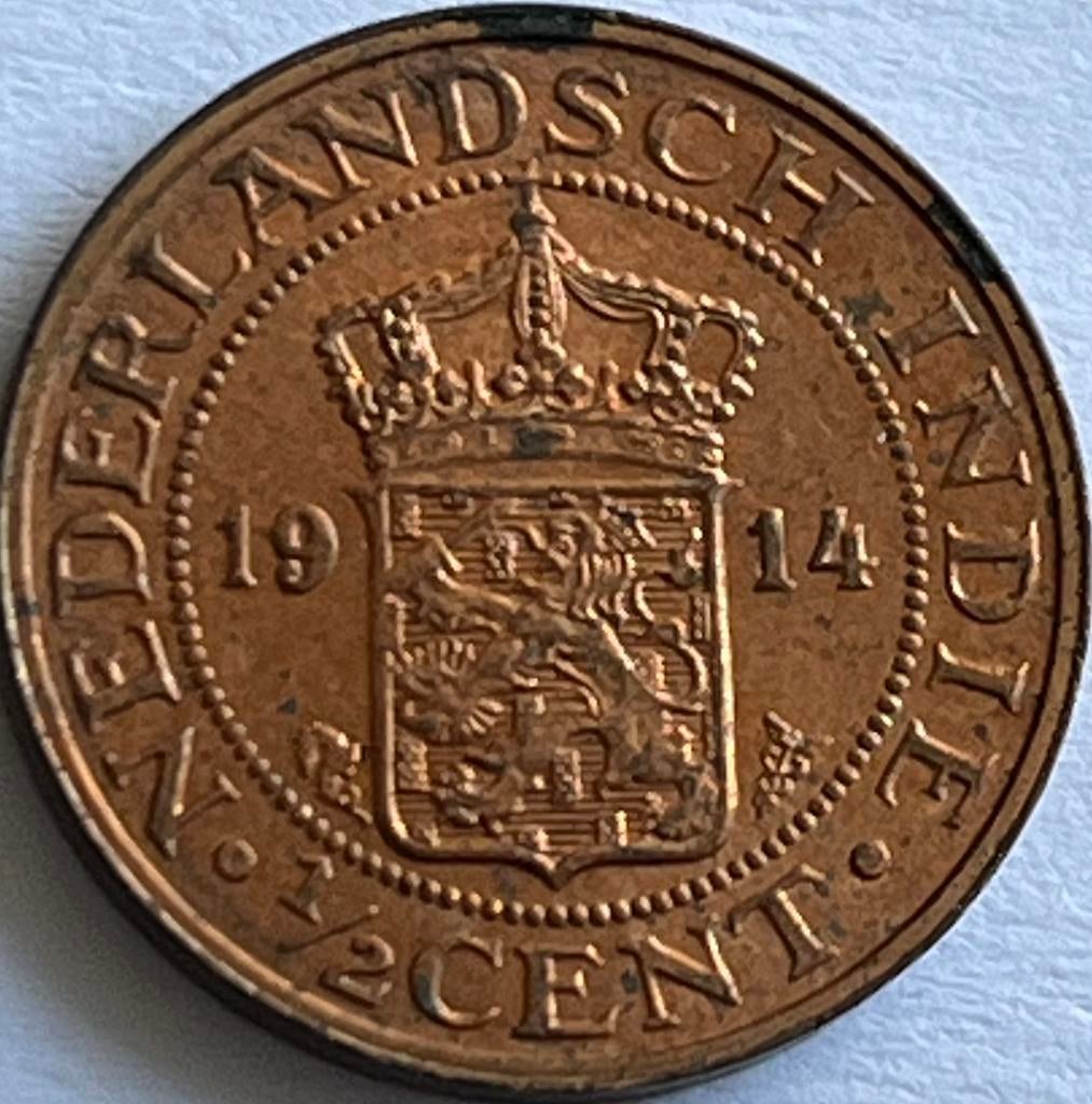Nederlands-Indië schitterende halve cent 1914, Ophalen of Verzenden, Vóór koninkrijk, Overige waardes, Losse munt