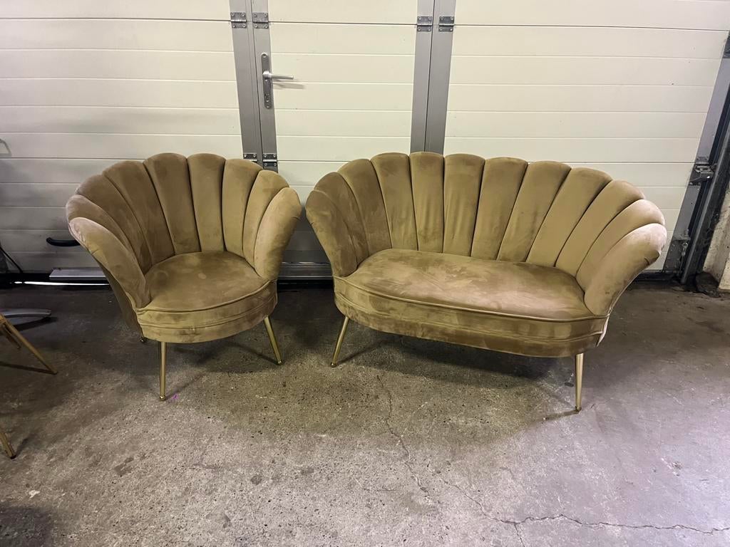 Luxe velvet Schelpen bankjes / fautueils Richmond goud, Ophalen, Eenpersoons, 75 tot 100 cm, Zo goed als nieuw