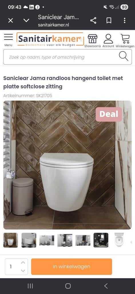 Nieuwe Saniclear Jama randloos hangend toilet, Ophalen of Verzenden, Nieuw, Toilet