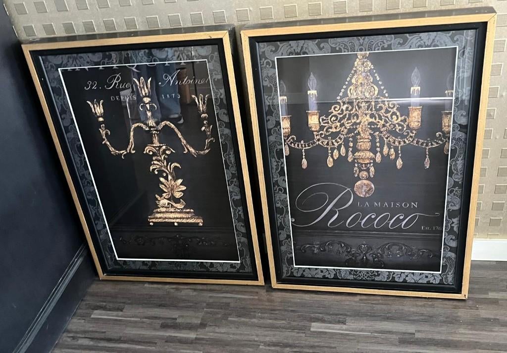 Brocante schilderijen goud/zwart (2x), La Maison, Ophalen
