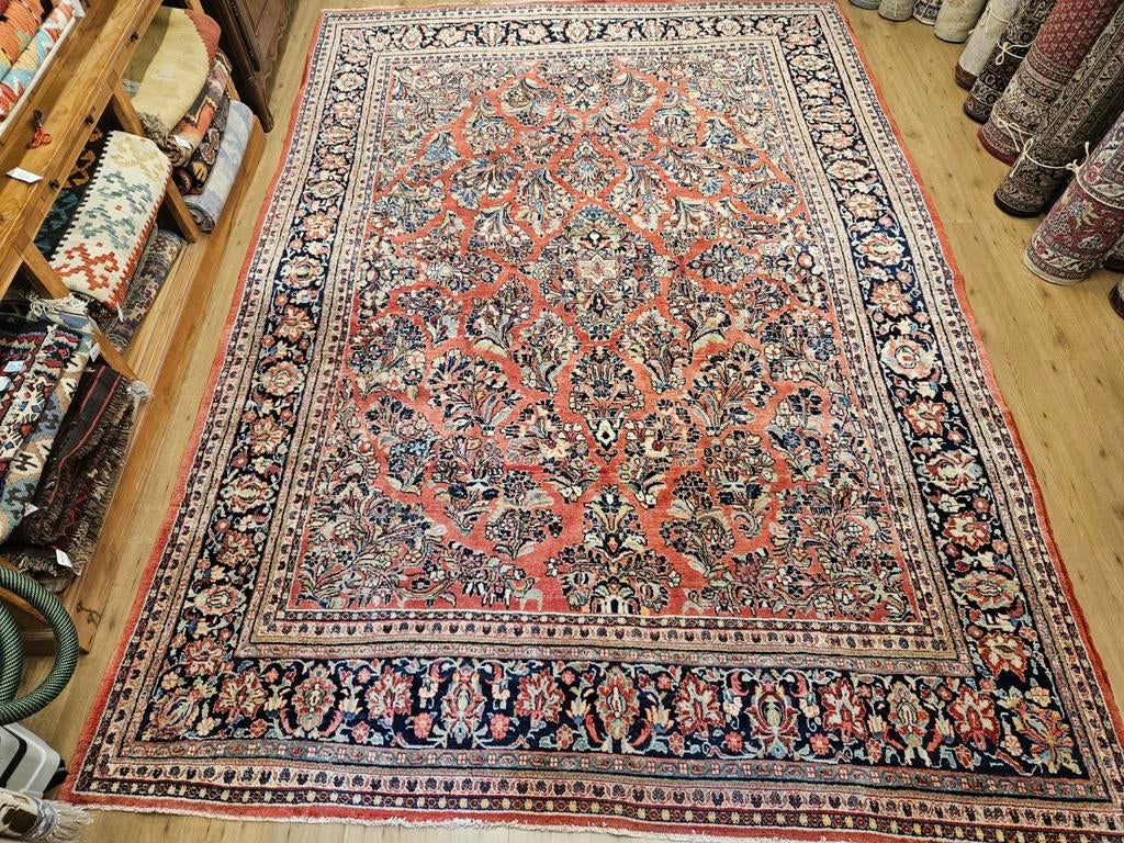 Vintage handgeknoopt perzisch tapijt sarough 380x262, Info@SlatsAntiek.nl, Perzisch, 200 cm of meer, Ophalen of Verzenden