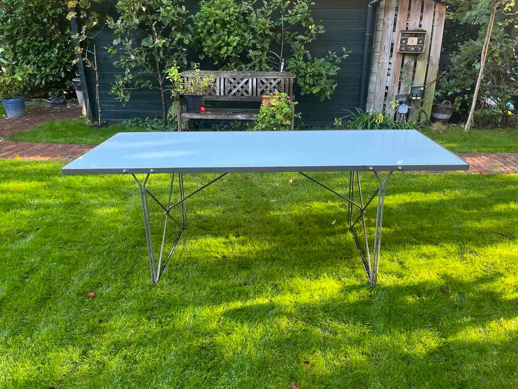 Glazen tuintafel met metalen onderstel (200x80x72cm), Tuin en Terras, Tuintafels, Ophalen, Gebruikt, Rechthoekig, Metaal