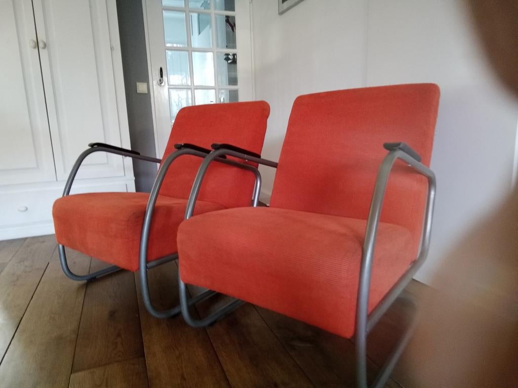 2 Gispenachtige oranje ribfluwelen stoelen, Ophalen, Gispen-achtig, Retro, Modern, Gebruikt, Twee
