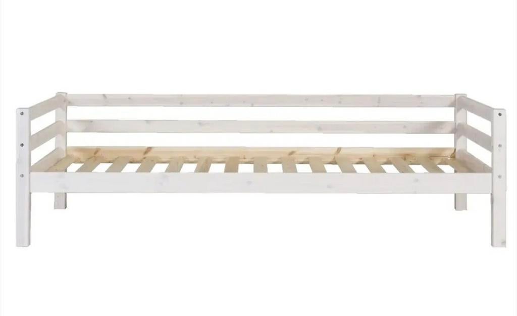 Wit bed met grijze bedlade (nieuw in doos), Huis en Inrichting, Gebruikt, 90 cm, Eenpersoons, Wit