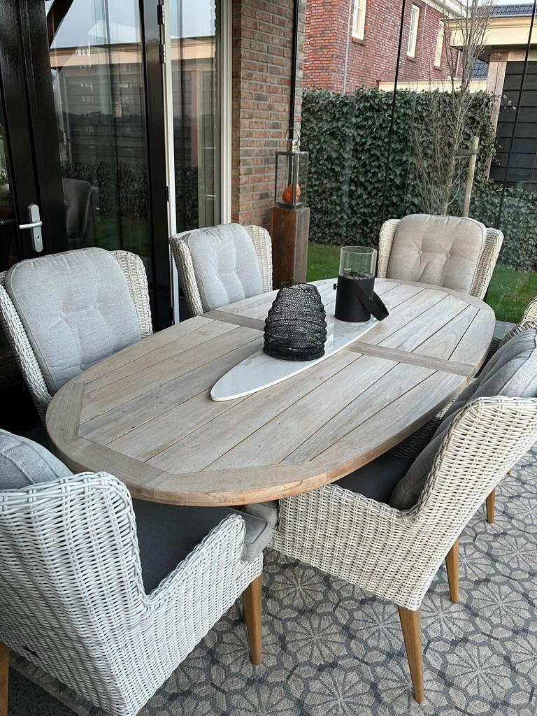 Mooie ovale tuintafel met 6 stoelen!, Ophalen, Ovaal, Teakhout