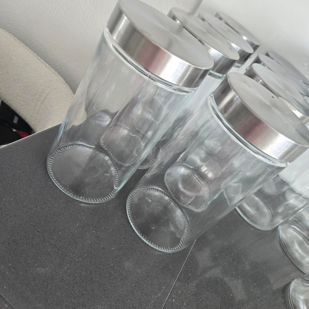 Set van 16 glazen voorraadpotjes met metalen deksel, Ophalen of Verzenden, Gebruikt