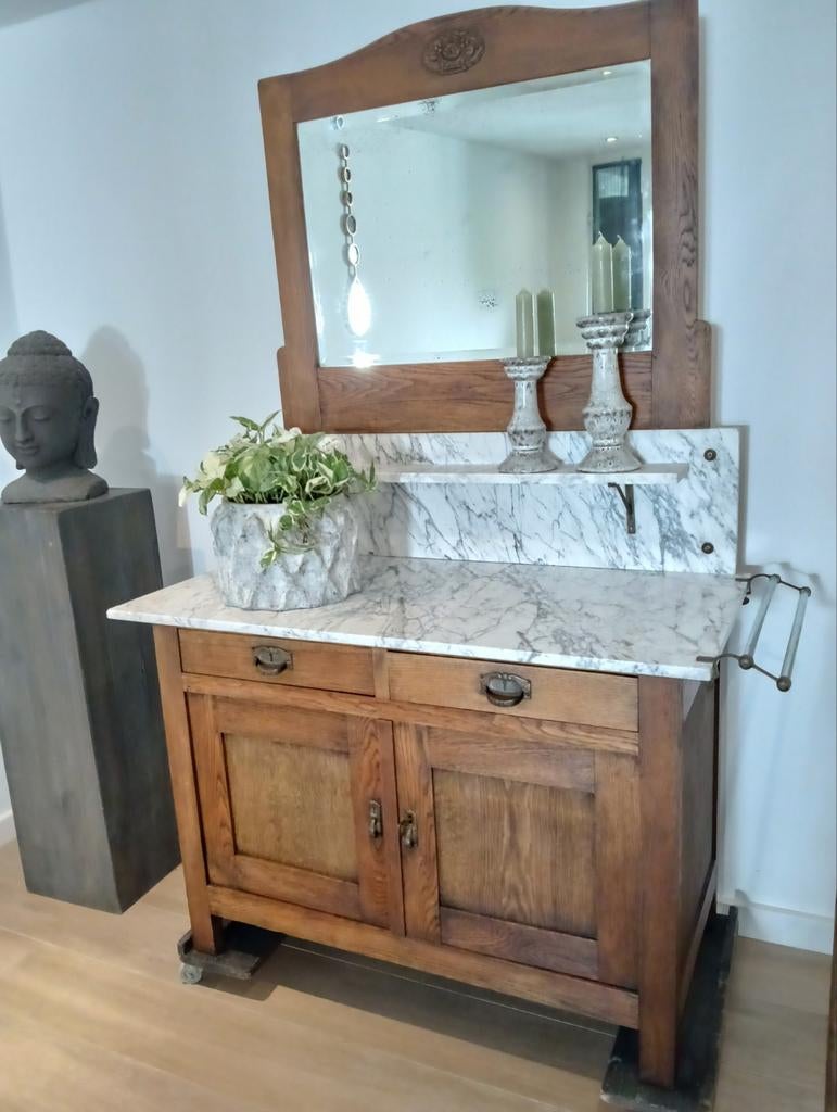Antieke Commode Wastafel Badkamermeubel met Marmeren Blad, Ophalen of Verzenden