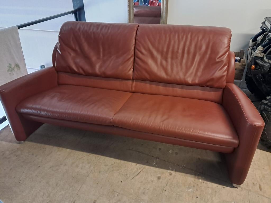 Leolux bordeauxrood lederen bankstel, 3 zits., Huis en Inrichting, Banken | Bankstellen, Ophalen, Driepersoons, Zo goed als nieuw