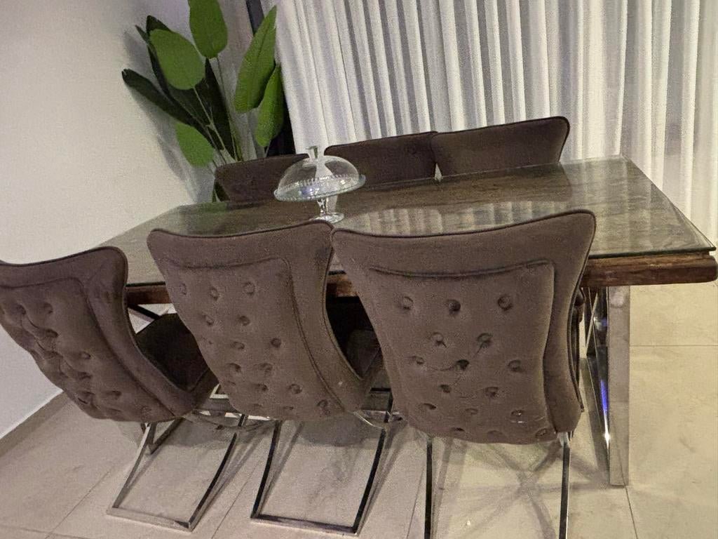 Eettafel met 6 stoelen en salontafel, Gebruikt, Vijf personen of meer, 150 tot 200 cm, Rechthoekig